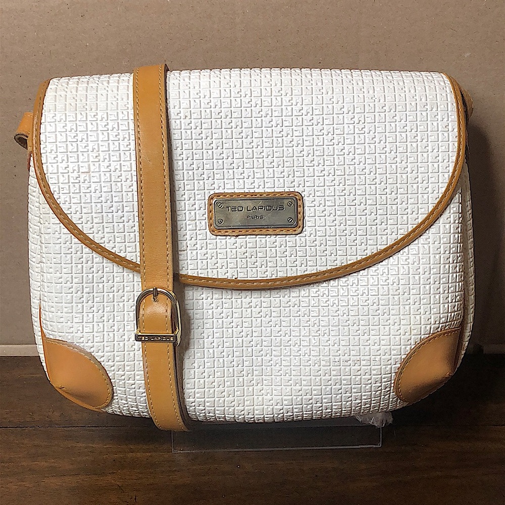 TED LAPIDUS White Monogram and Tan Crossbody Leather Shoulder Bag RARE